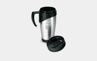 Nerūdyjančio plieno ir plastiko termo puodelis su rankena 400 ml