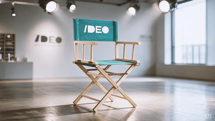 Medinė režisieriaus kėdė su turkio spalvos audiniu ir logotipu, pastatyta studijoje su sceniniu apšvietimu.