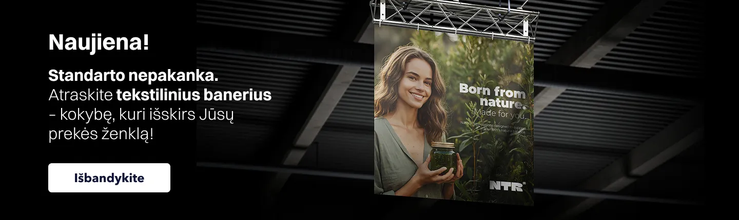 Baneris svetainei, reklamuojantis tekstilinius banerius su tekstu „Naujiena! Atraskite tekstilinius banerius – kokybę, kuri išskirs Jūsų prekės ženklą”