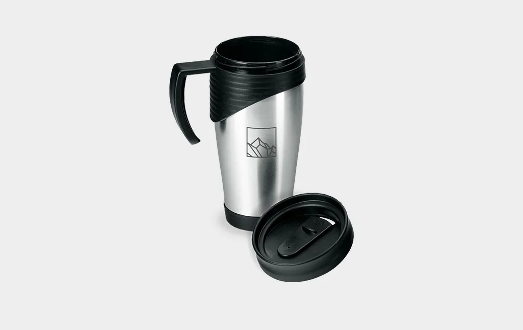 Nerūdyjančio plieno ir plastiko termo puodelis su rankena 400 ml